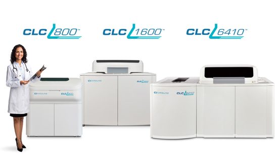 CLC Family of Clinical Chemistry Analyzers - with logos and lab worker