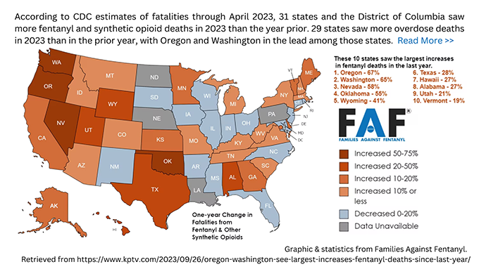 Map of CDC estimates of fatalities from fentanyl and synthetic opioid deaths in 2023