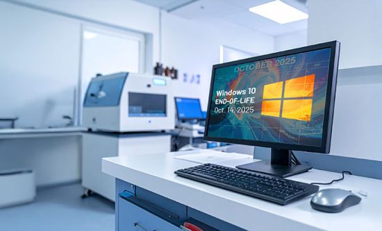 Clinical lab computer displaying "Windows 10 End-of-Life Oct. 14, 2025"